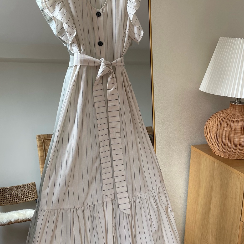 Striped White Dress With Belt 100% Linen